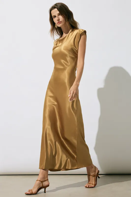 Satin Asymmetrical Metallic Decor Slit Sleeveless Midi Dress sold by Micas
