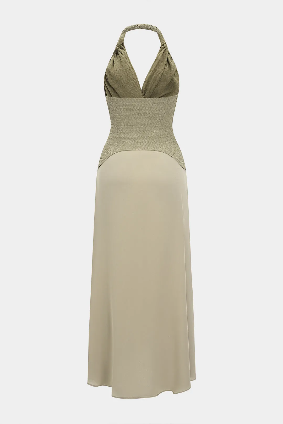 Chiffon Halter Patchwork Twist Knot Ruched Sleeveless Maxi Dress sold by Micas product image thumbnail 2