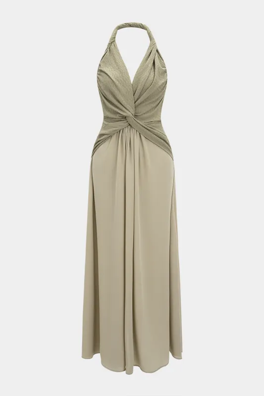 Chiffon Halter Patchwork Twist Knot Ruched Sleeveless Maxi Dress sold by Micas
