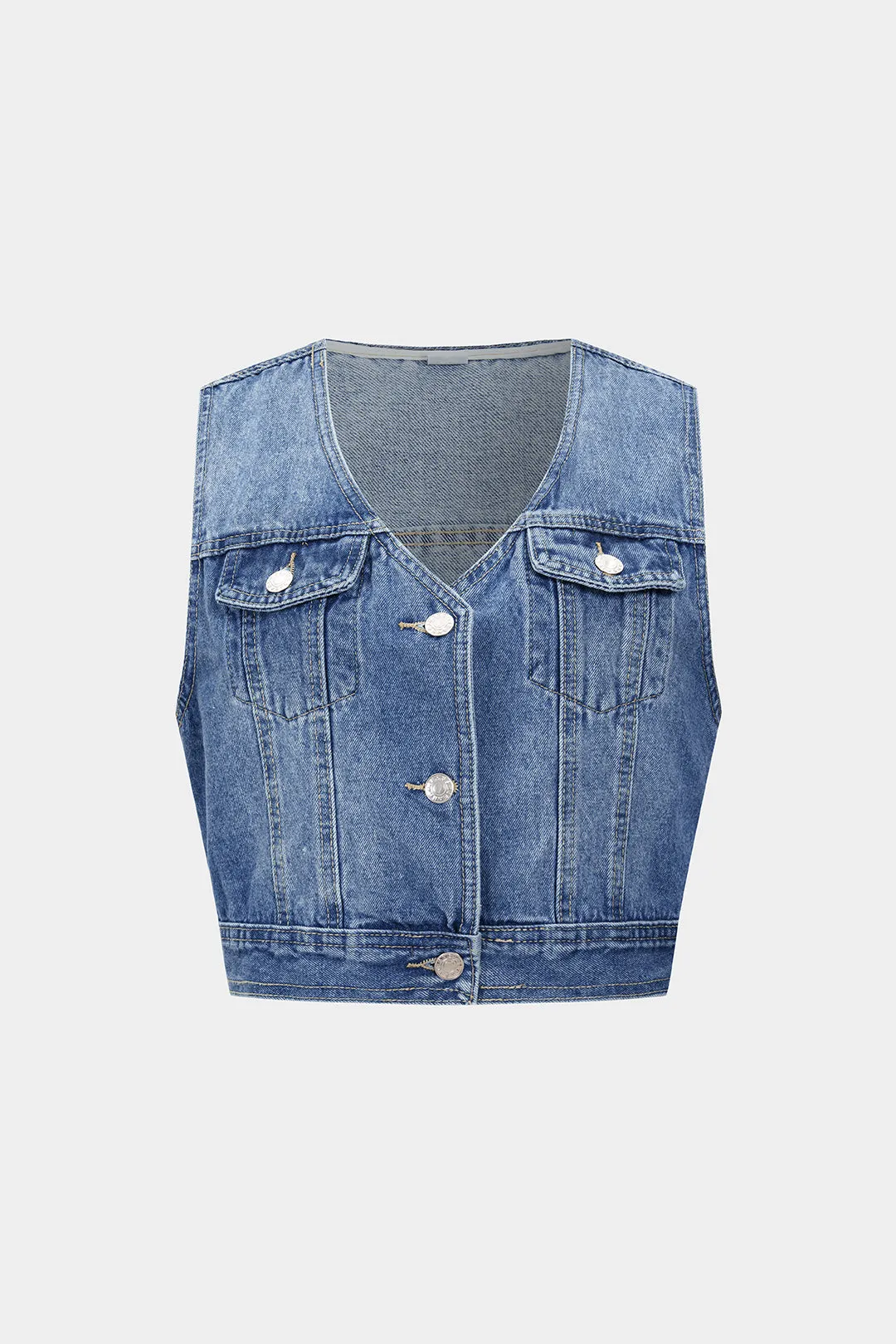 Denim V-Neck Button Vest sold by Micas