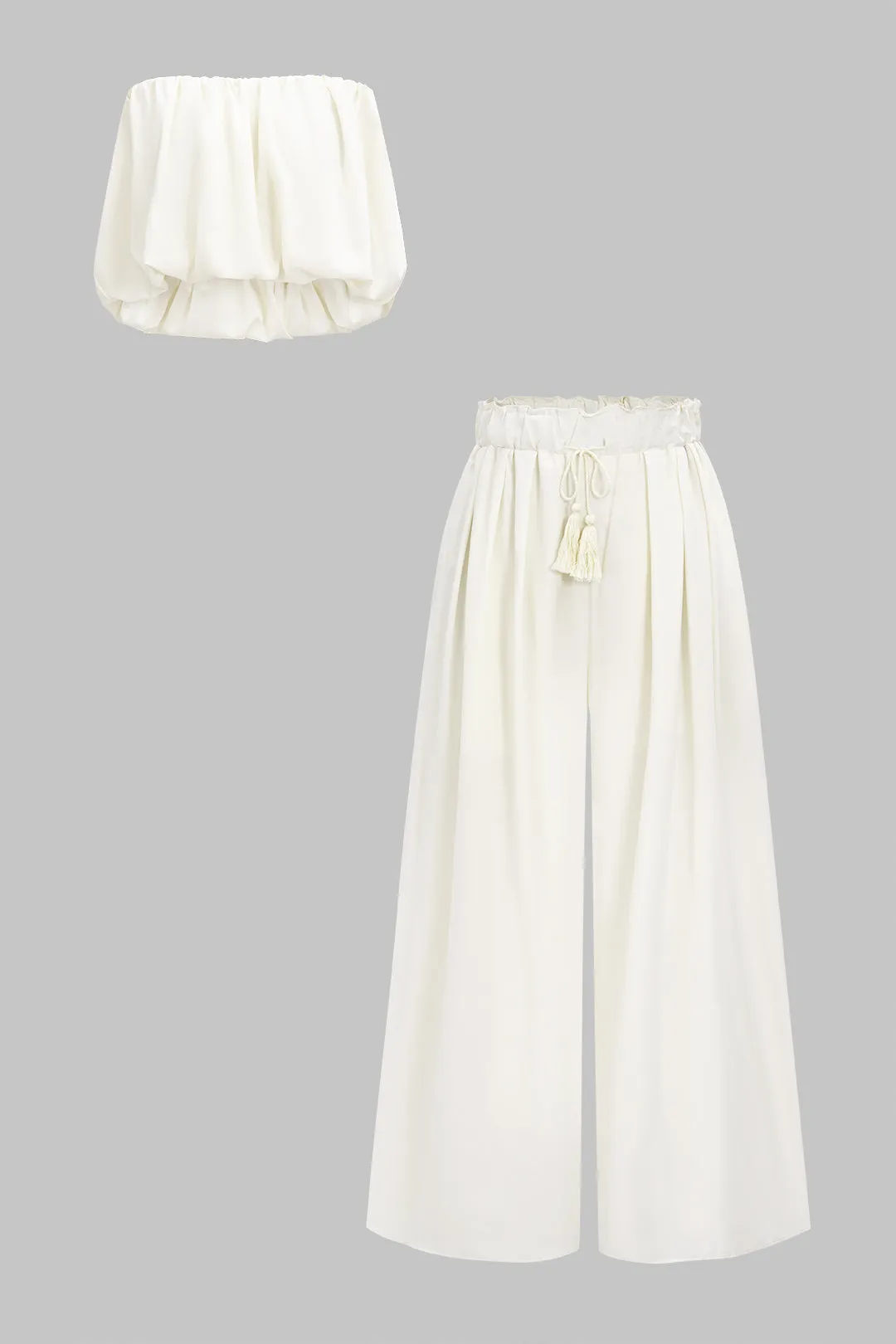 Solid Pleated Tube Top And Drawstring High Waist Wide Leg Trousers Set sold by Micas