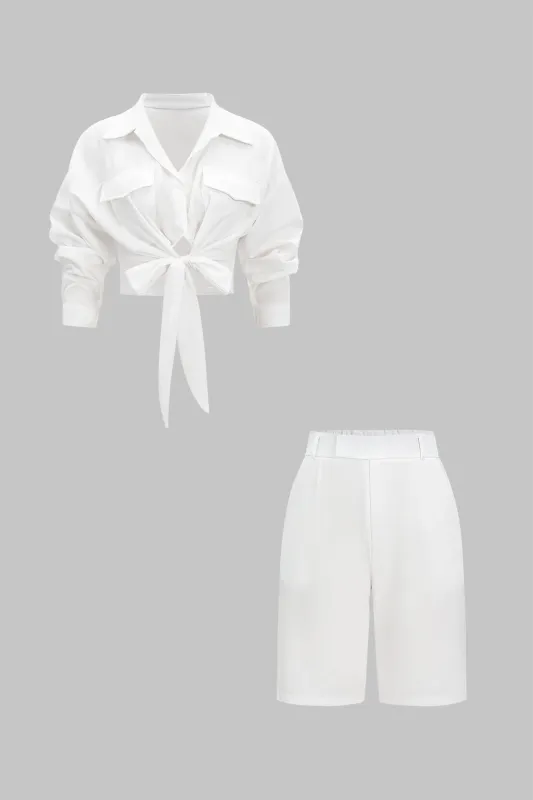 Tie Front Long-Sleeve Shirt And High Waist Shorts Set sold by Micas