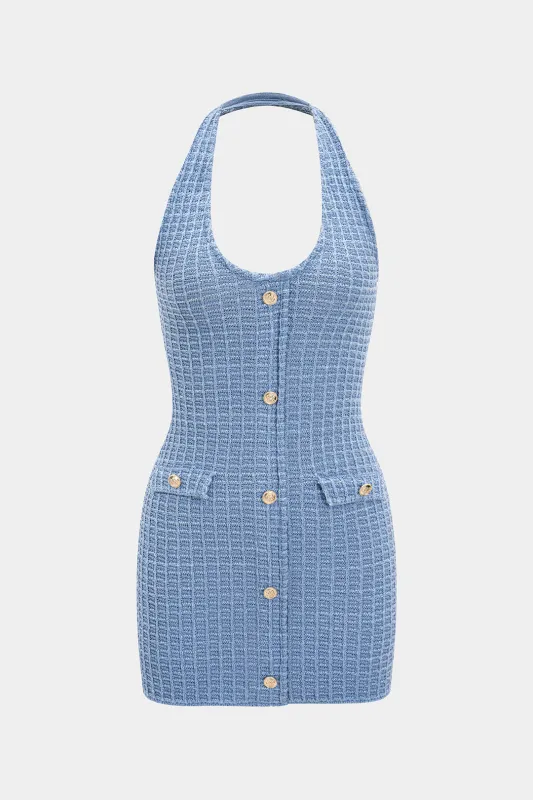 Knit Halter Neck Button Backless Sleeveless Dress sold by Micas