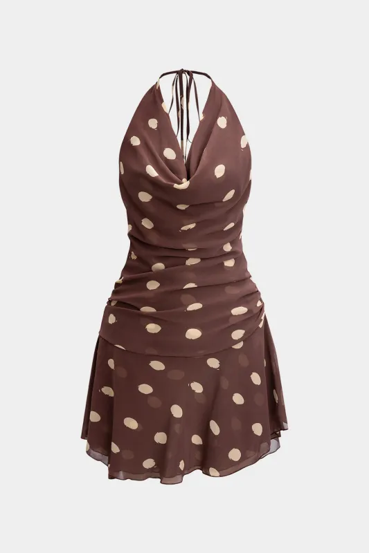 Chiffon Polka Dot Print Halter Neck Backless Sleeveless Mini Dress sold by Micas