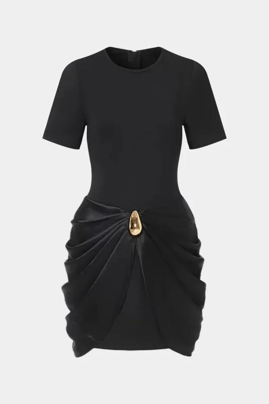 Satin Round Neck Metallic Decor Ruched Patchwork Short Sleeve Mini Dress sold by Micas