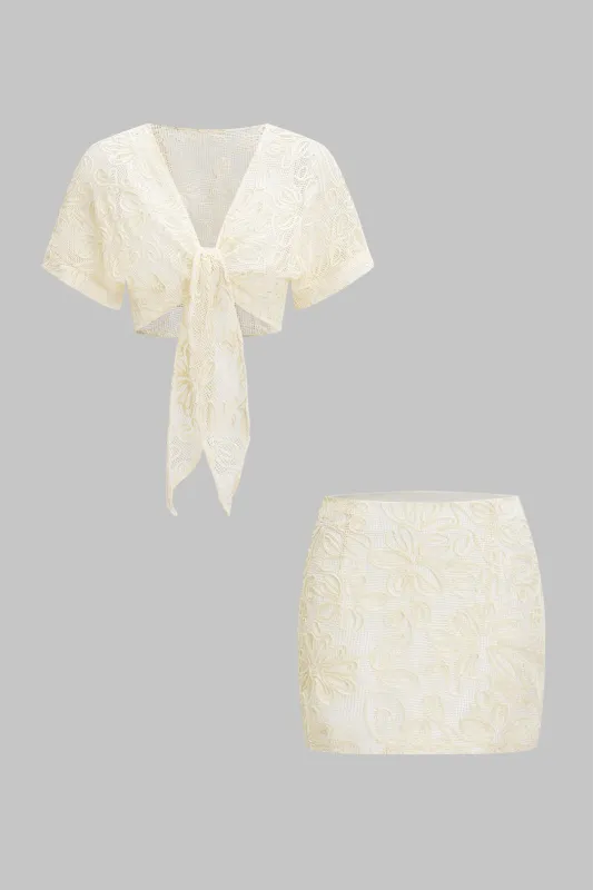 Jacquard Tie Front Short-Sleeve Top And Mni Skirt Set sold by Micas
