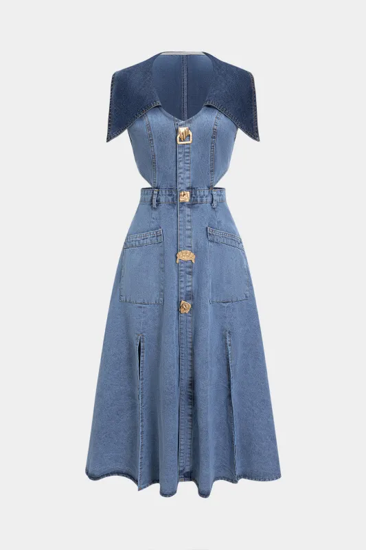 Denim Metallic Decor Cut Out Tank Sleeveless Dress sold by Micas