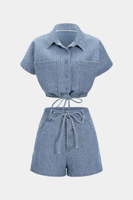 Denim Button Tie-Up Short-Sleeve Shirt And Drawstring Shorts Set sold by Micas