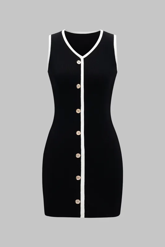 Knit Contrast V-Neck Button Sleeveless Dress sold by Micas