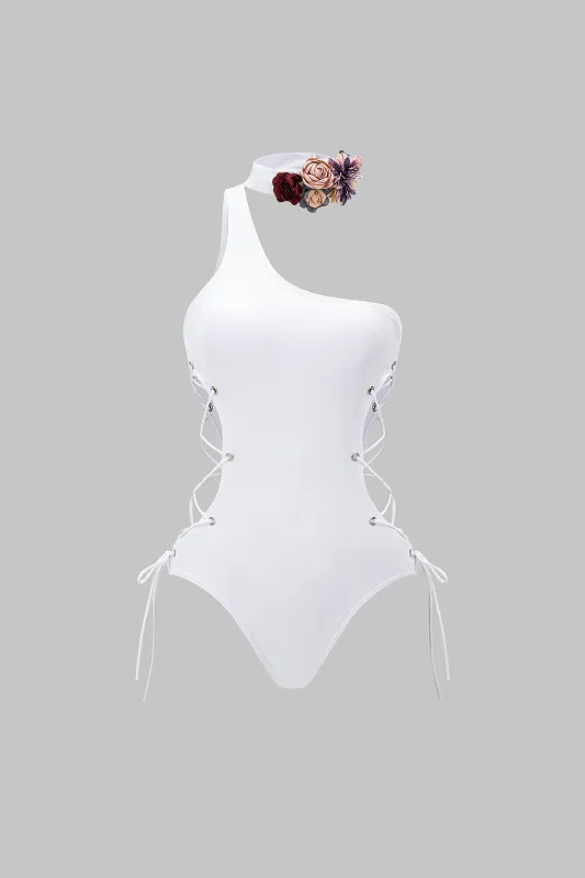 3D Floral One Shoulder Strappy Tie-Up Sleeveless Bodysuit sold by Micas