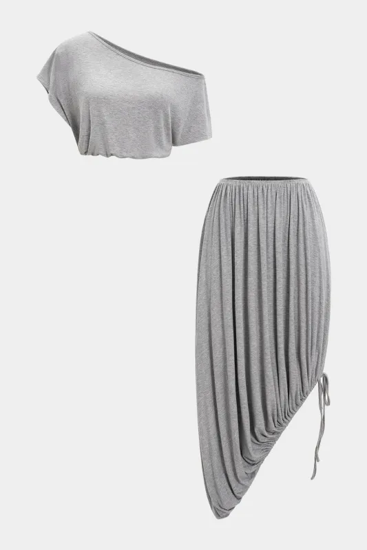 Ruched Asymmetrical Neck Short-Sleeve Top And Pleated Drawstring Skirt Set sold by Micas