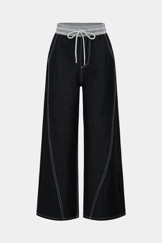 Denim Drawstring High Waist Wide Leg Jeans made by Micas