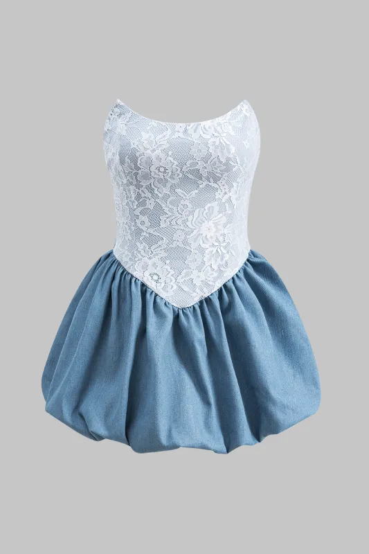 Denim Patchwork Puffed Strapless Sleeveless Mini Dress sold by Micas
