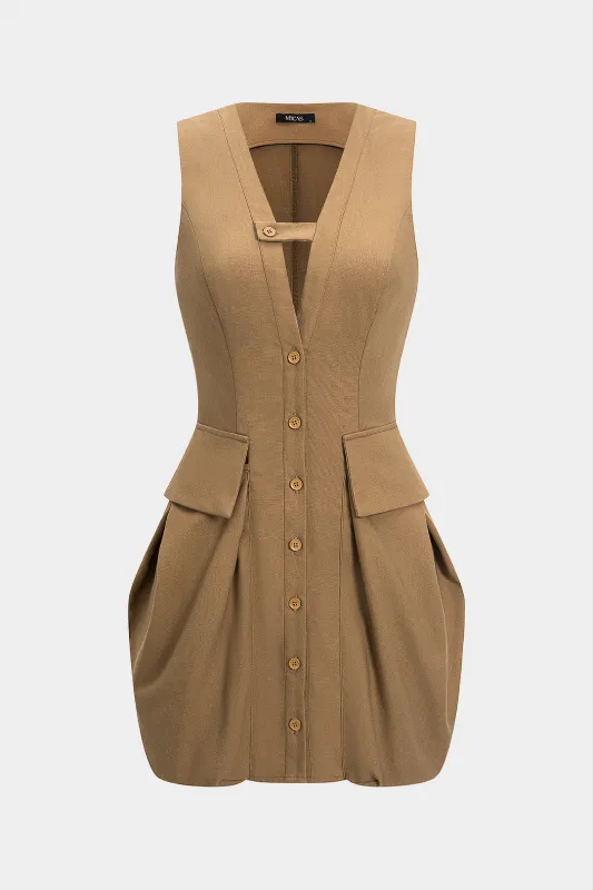 Button Pocket Ruched Sleeveless Mini Dress sold by Micas