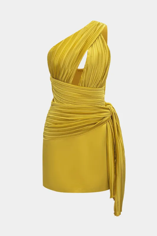 Satin One Shoulder Pleated Tie-Up Sleeveless Mini Dress sold by Micas