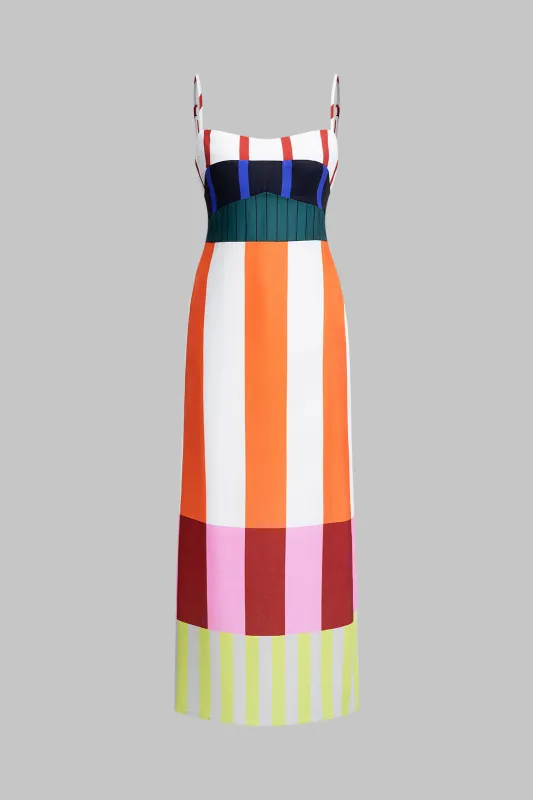 Color Block Stripes Print Zipper Slip Sleeveless Maxi Dress sold by Micas