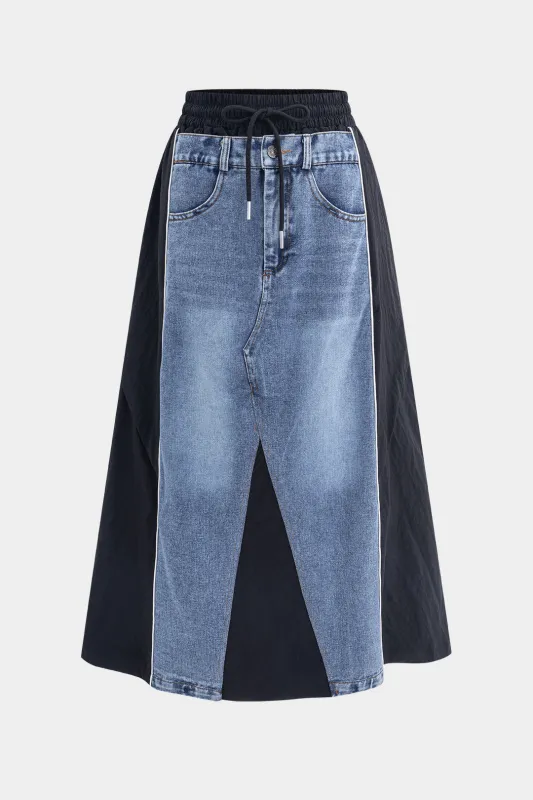 Denim  Patchwork Drawstring High Waist Skirt sold by Micas