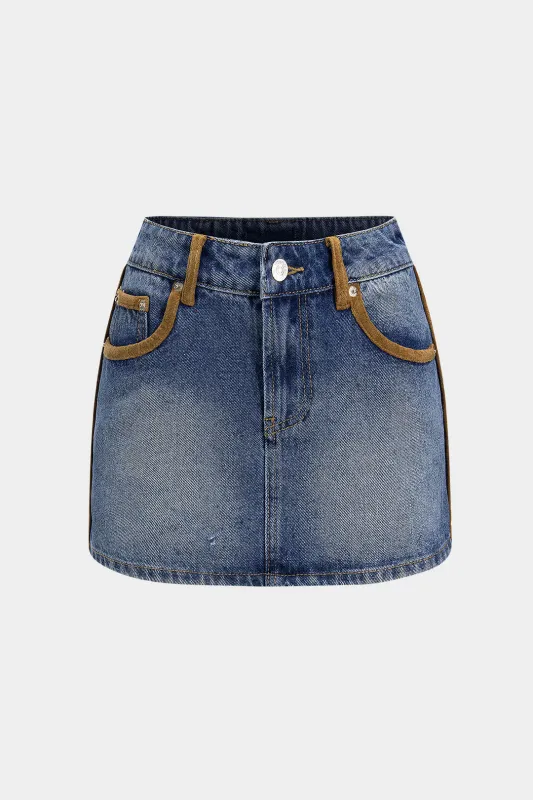 Denim Contrast Binding Patchwork Skirt sold by Micas