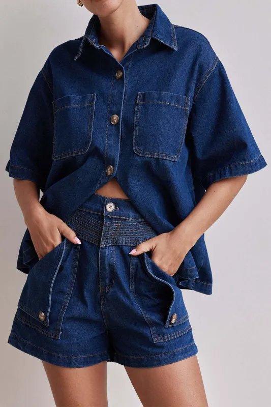 Denim Button Short-Sleeve Shirt And Pocket Shorts Set sold by Micas