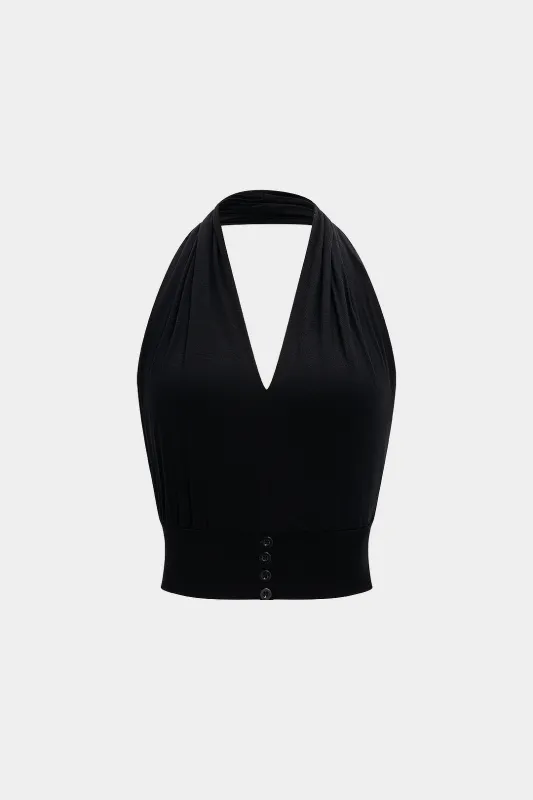 Knit V-Neck Halter Backless Tank Top sold by Micas