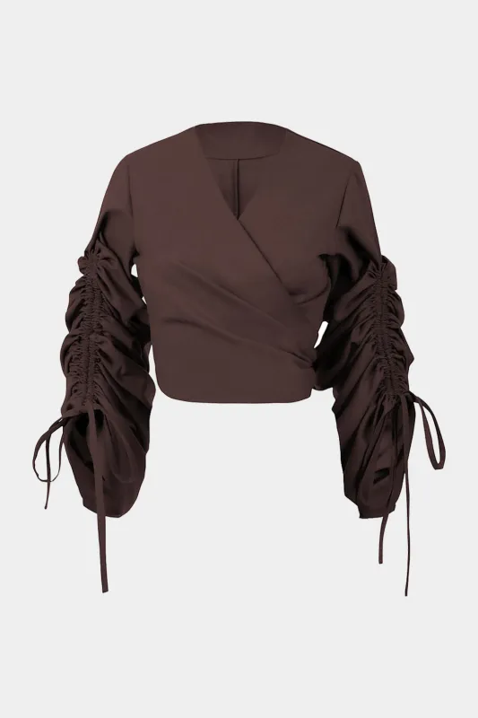 Drawstring Ruched Crossed Tie-Up Long-Sleeve Top sold by Micas