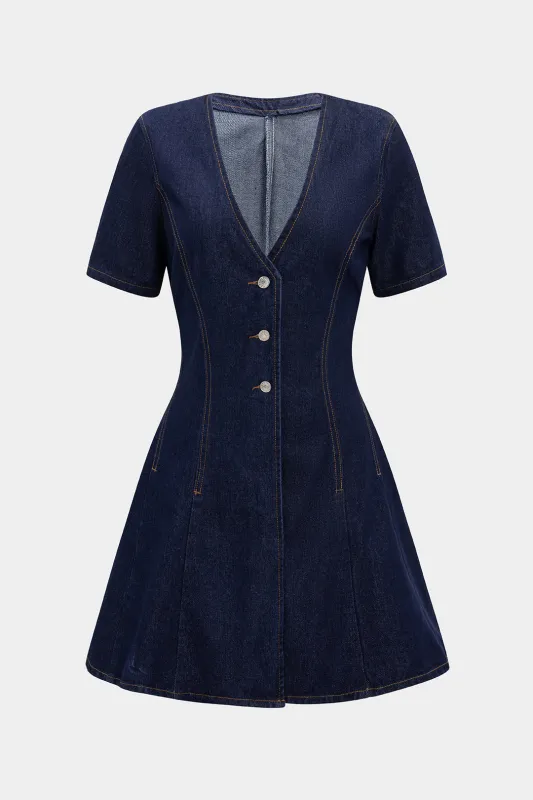 Denim V-Neck Button Short Sleeve Dress sold by Micas