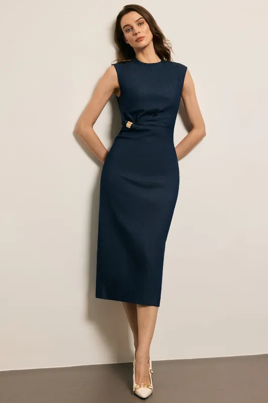 Denim Metallic Decor Ruched Tank Sleeveless Dress sold by Micas