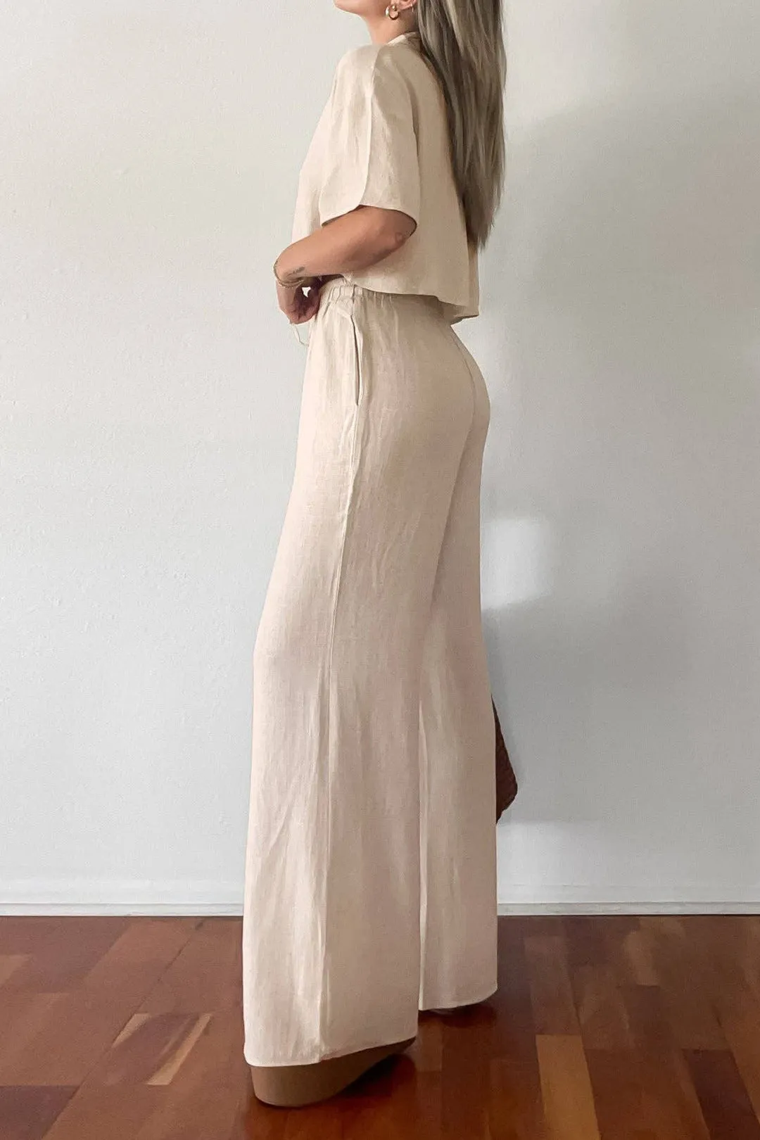 Linen Solid Button Short Sleeve Shirt And Drawstring Trousers Set sold by Micas product image thumbnail 2