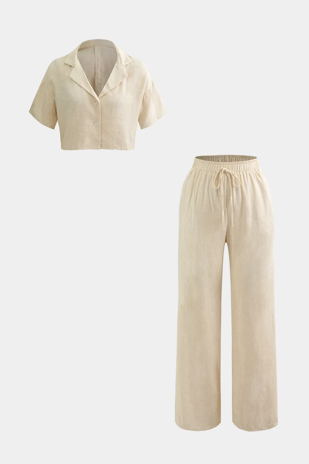 Linen Solid Button Short Sleeve Shirt And Drawstring Trousers Set sold by Micas product image thumbnail 3