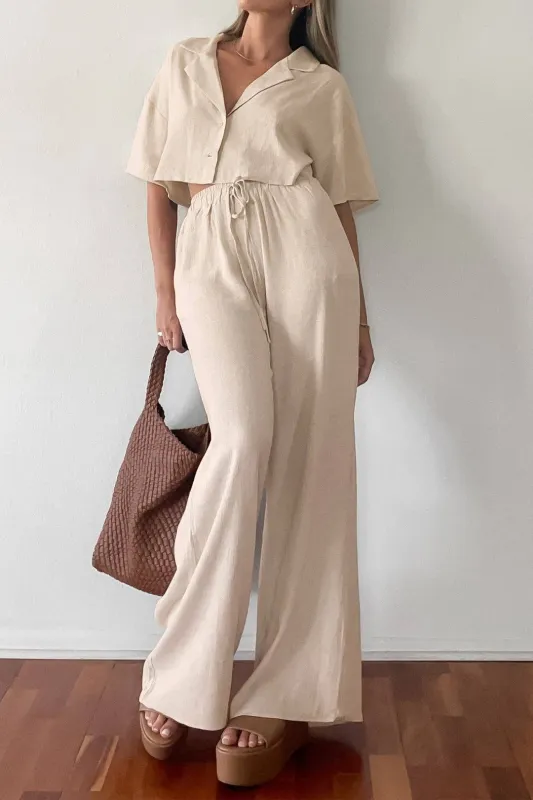 Linen Solid Button Short Sleeve Shirt And Drawstring Trousers Set sold by Micas
