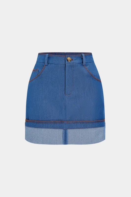 Denim Piping Stitching Cuffed Mini Skirt sold by Micas