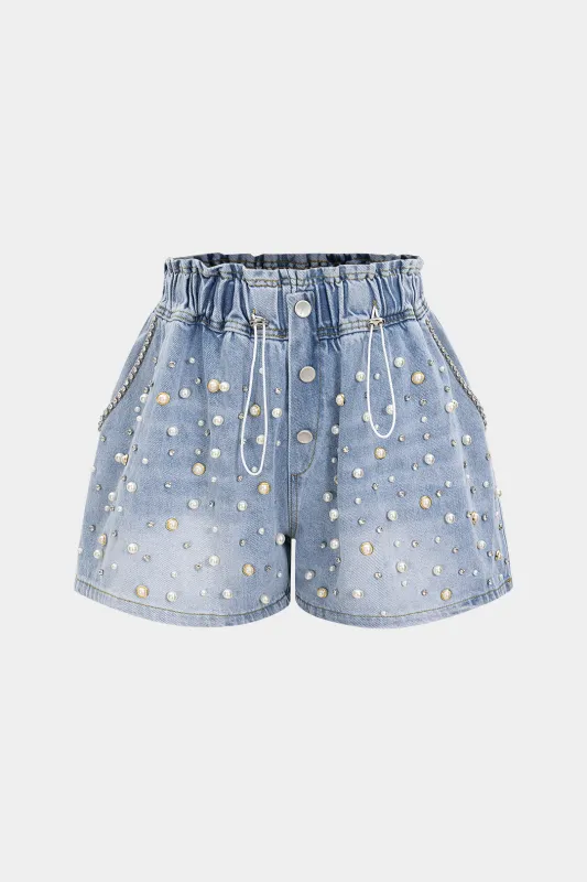 Denim Beaded Rhinestone Drawstring Wide Leg Jorts sold by Micas