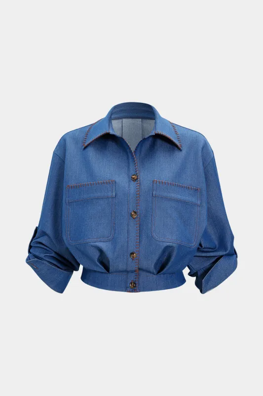 Denim Button Smocked Long Sleeve Shirt sold by Micas