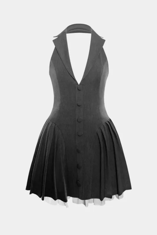 Halter V-Neck Patchwork Pleated Button Backless Mini Dress sold by Micas