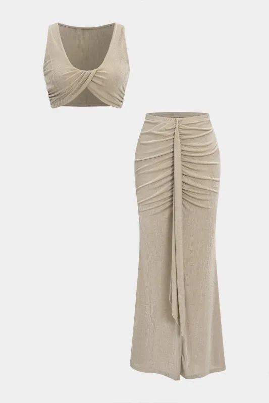 Ruched Twist Knot Tank Top And Pleated Slit Skirt Set sold by Micas