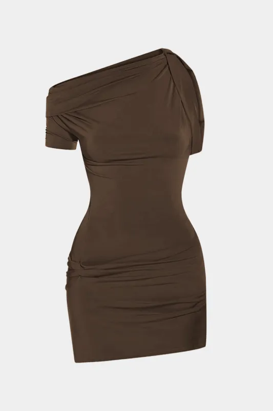 Ruched Asymmetrical One Shoulder Short Sleeve Mini Dress sold by Micas
