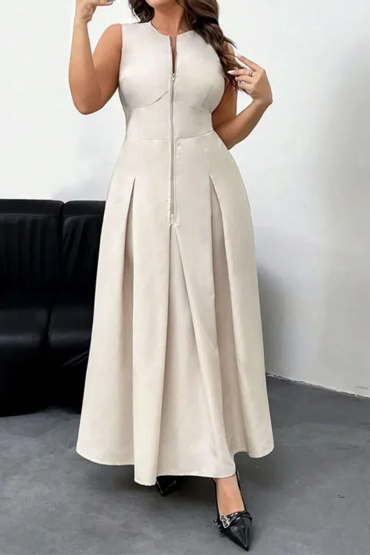 Solid Ruched Zipper Sleeveless Maxi Dress sold by Micas