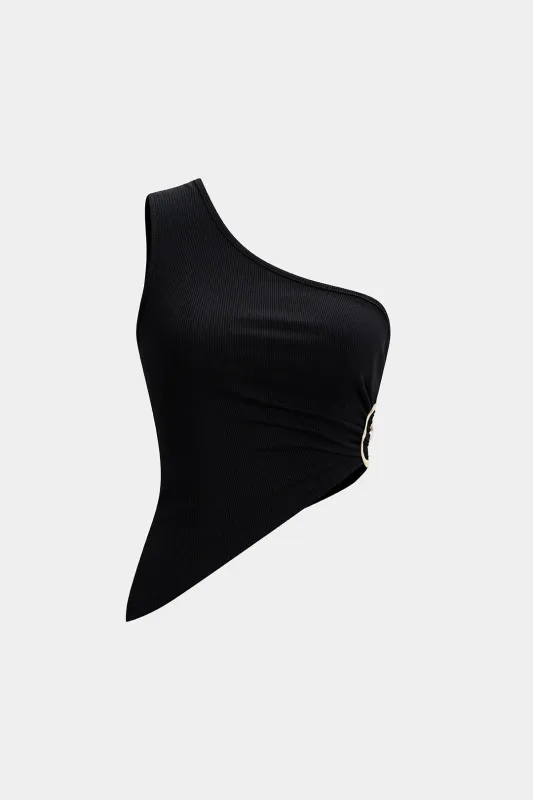 One-Shoulder Ruched Asymmetric Neckline Slip Tank Top sold by Micas