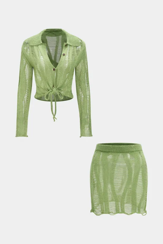 Knit Cut Out Tie-Up Long Sleeve Shirt And Skirt Set sold by Micas
