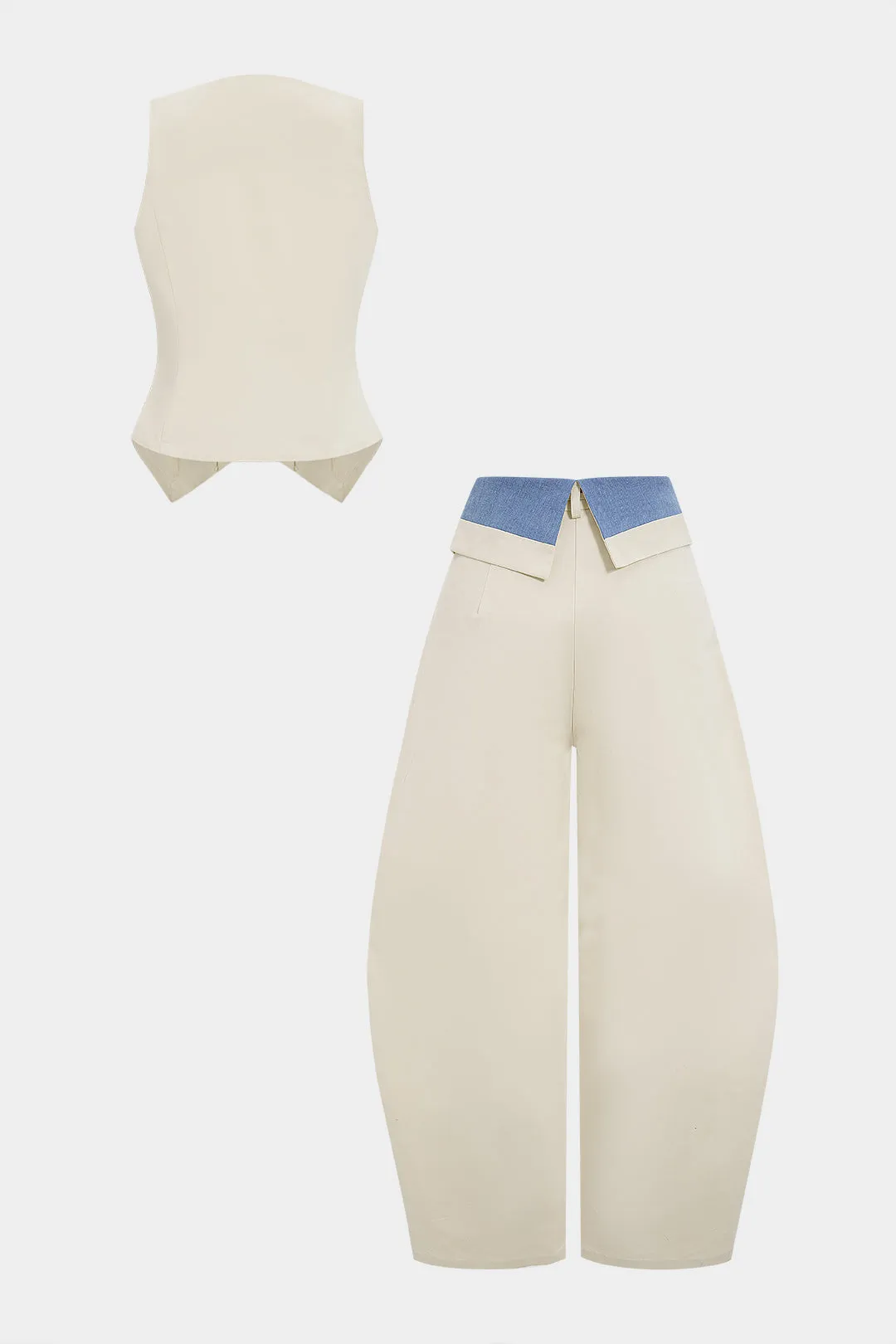 Denim Button Vest And Contrast Drawstring Barrel Trousers Set sold by Micas product image thumbnail 2