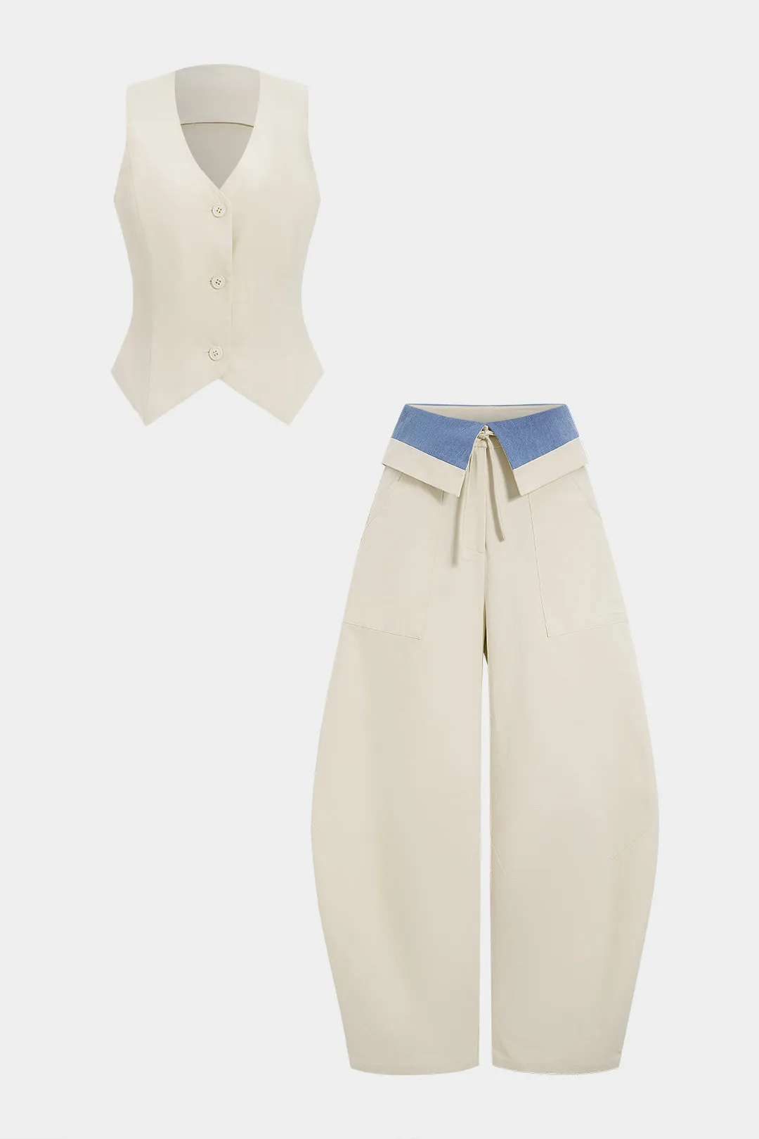 Denim Button Vest And Contrast Drawstring Barrel Trousers Set sold by Micas