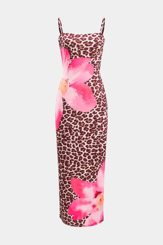 Leopard Floral Print Slip Sleeveless Maxi Dress sold by Micas
