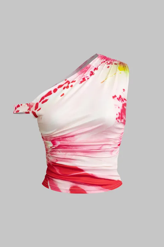 Floral Print Ruched Asymmetrical Neck Tank Top sold by Micas