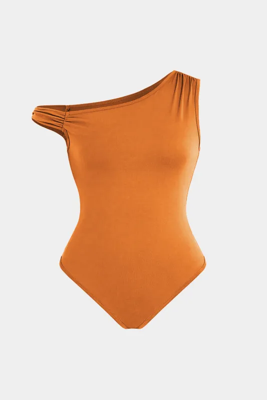 Plus Size Ruched Asymmetrical Neck Bodysuit sold by Micas