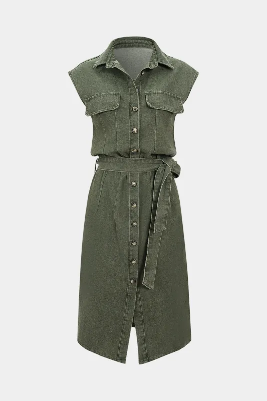 Denim Button Tie-Up Sleeveless Dress sold by Micas
