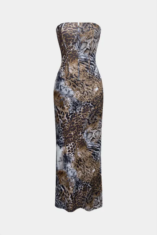 Leopard Print Strapless Corset Waist Sleeveless Maxi Dress sold by Micas
