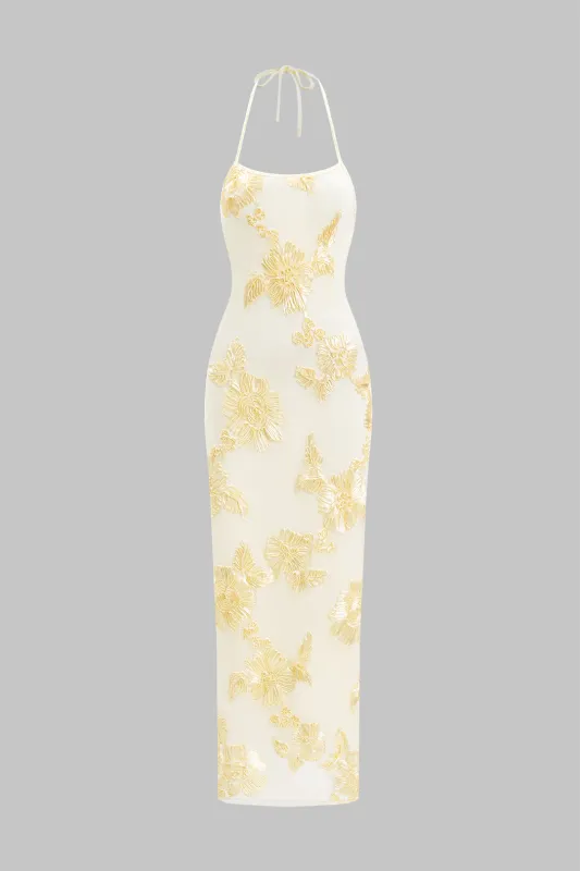 3D Floral Print Halter Backless Sleeveless Maxi Dress sold by Micas