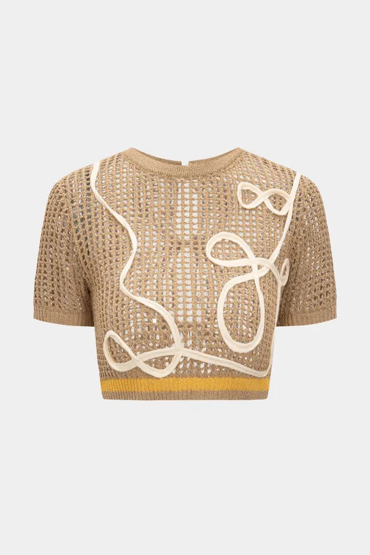 Knit 3D Embroidery Print Contrast Tie Back Short-Sleeve Top sold by Micas