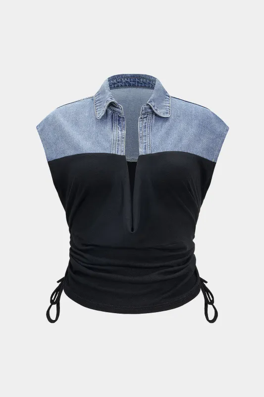 Plus Size Denim Drawstring Patchwork Crop Top sold by Micas