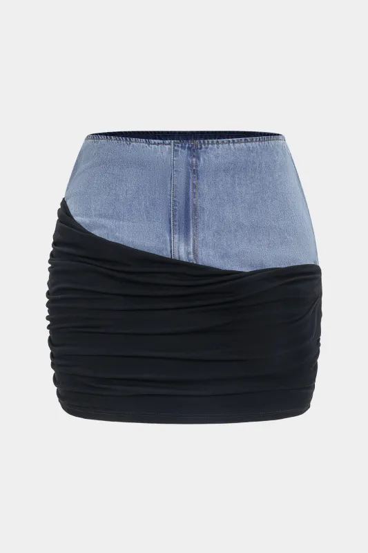 Plus Size Denim Ruched Patchwork Zipper High Waist Skirt sold by Micas